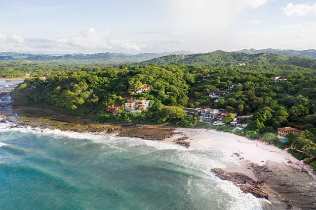 An aerial view of Playa Rosada and the coastline