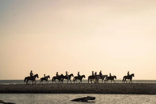 Riders silhouetted on the beach at sunset